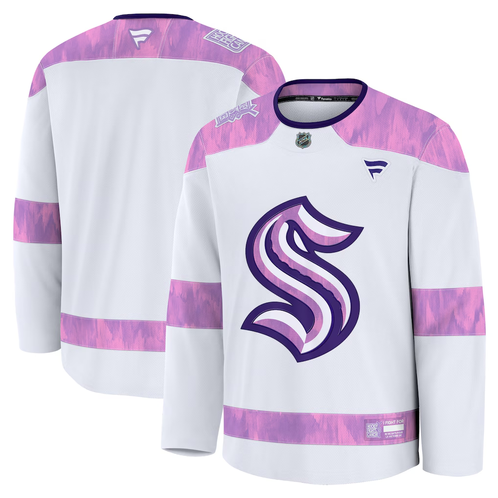 Men's Seattle Kraken White Purple 2024 Hockey Fights Cancer Practice Blank Jersey