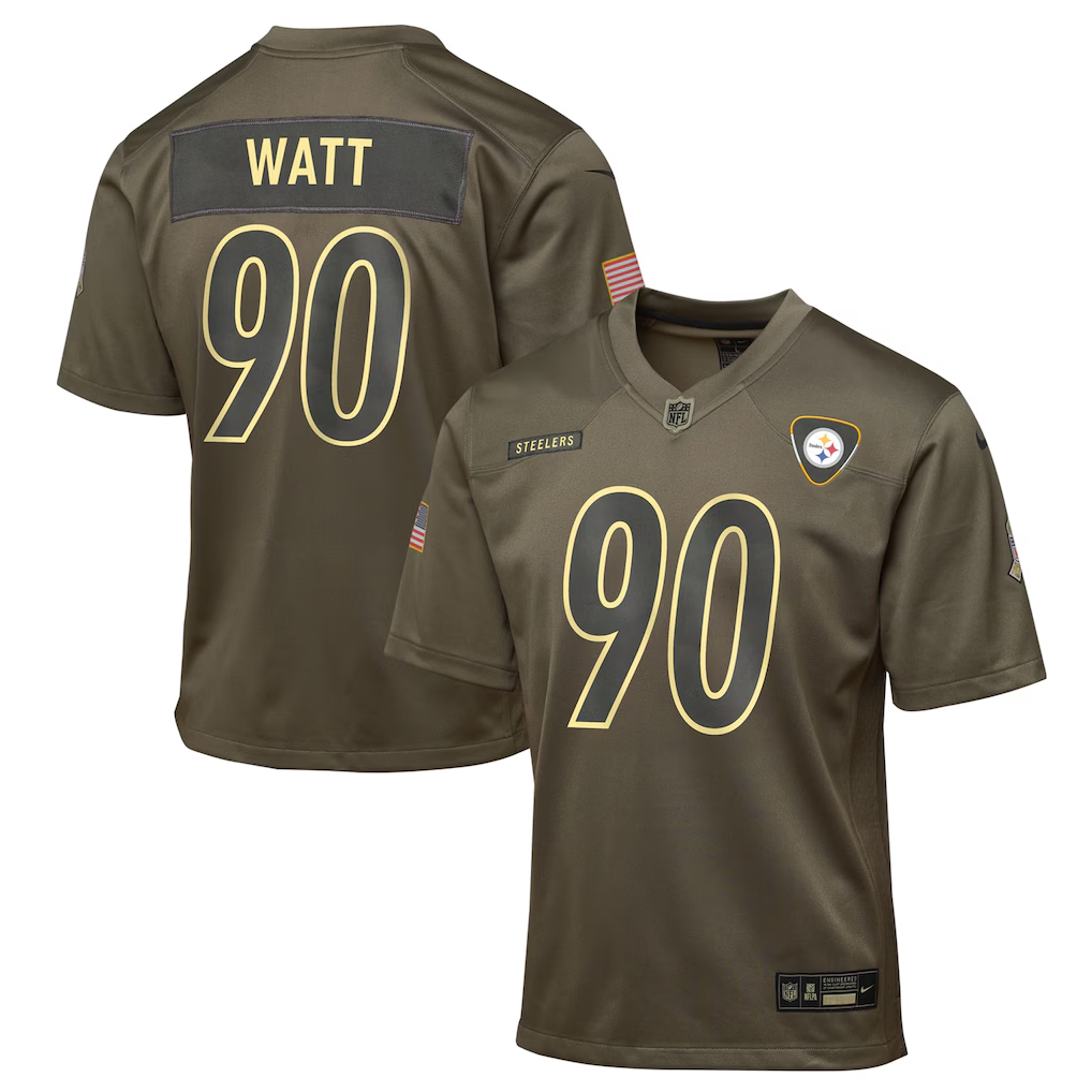 Youth Pittsburgh Steelers T.J. Watt Nike Olive 2025 Salute to Service Game Jersey