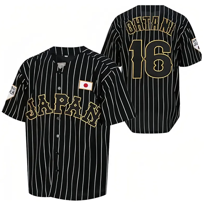 Mens Ohtani 16# Stitched Japan Baseball Jerseys - Black Pinstriped Shirts