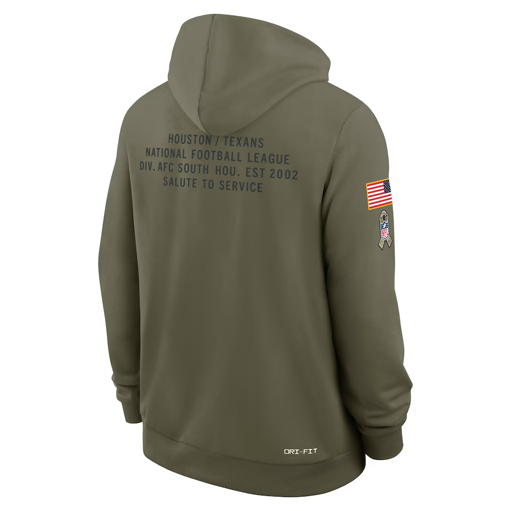 Men's Houston Texans Nike Olive 2025 Salute to Service Sideline Standard Issue Dri-FIT Hoodie