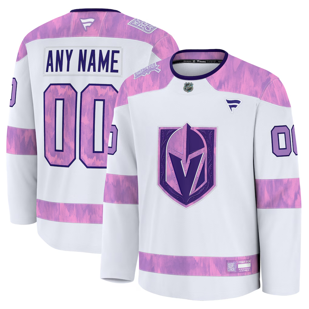 Men's Vegas Golden Knights White Purple 2024 Hockey Fights Cancer Practice Custom Jersey