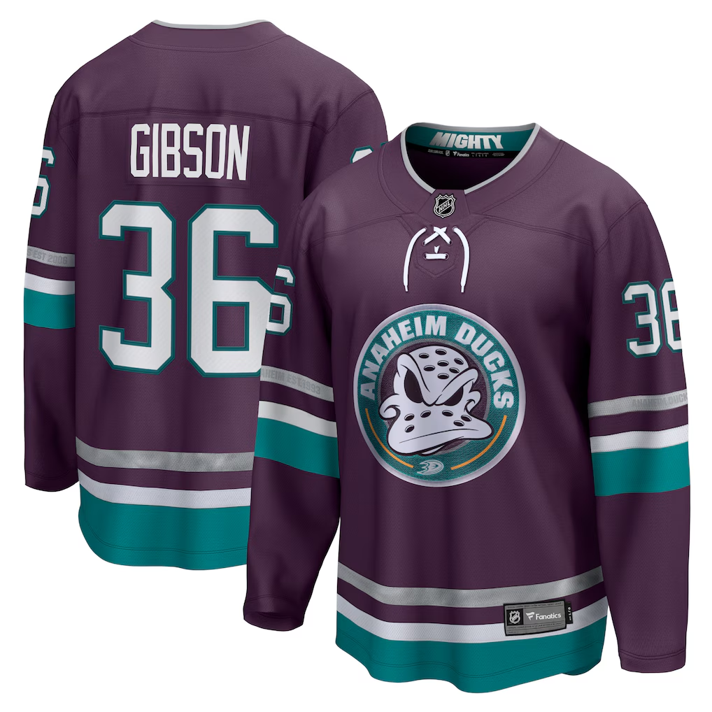 Men's Anaheim Ducks John Gibson #36Purple 30th Anniversary Commemorative Jersey