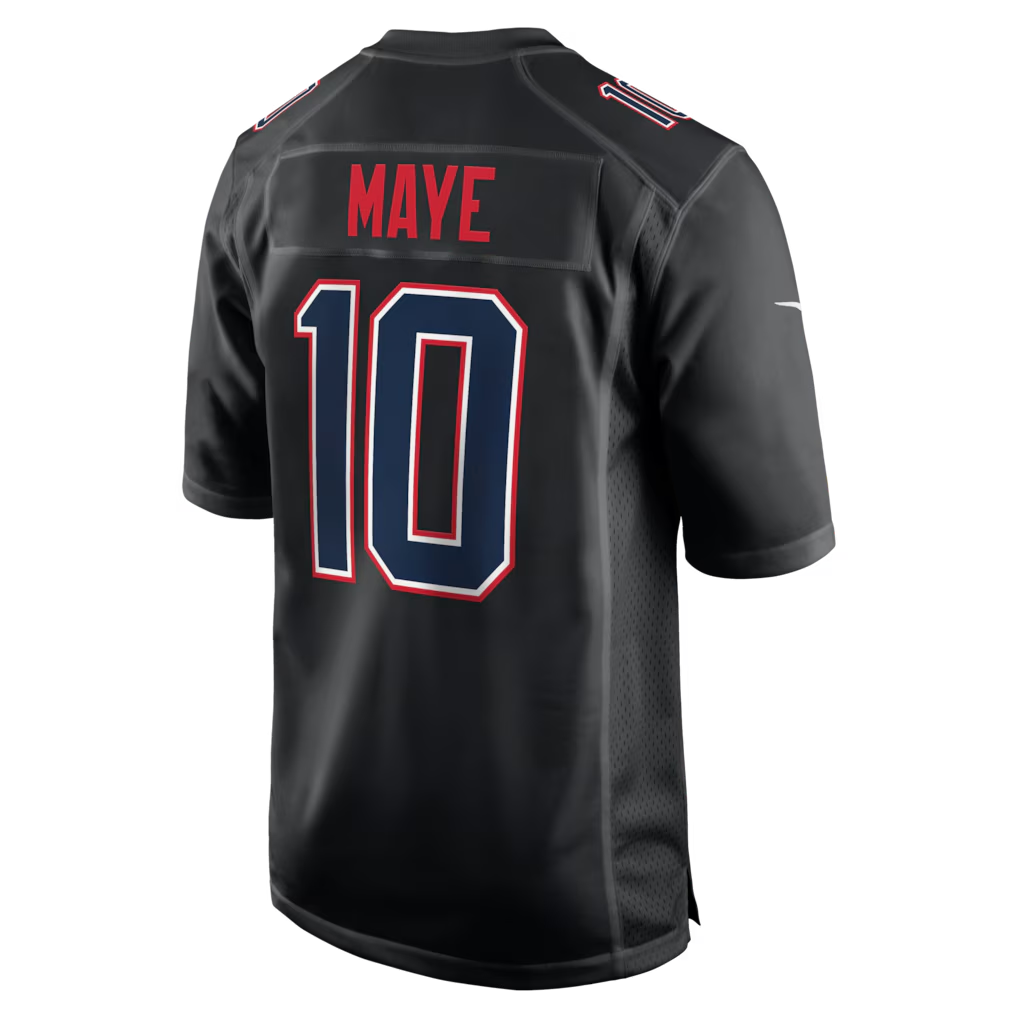 Men's New England Patriots Drake Maye Nike Black Super Bowl LX Patch Carbon Fashion Game Jersey