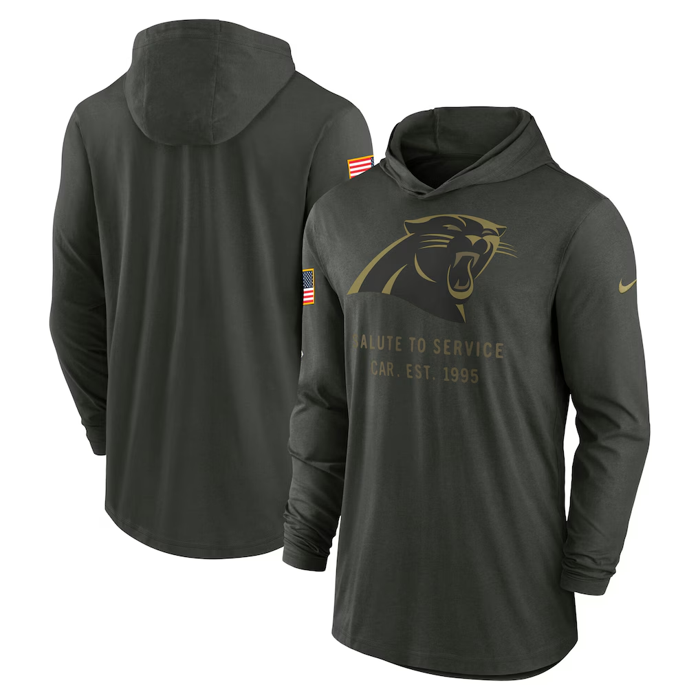 Men's Carolina Panthers Nike Forest Green 2025 Salute to Service Sideline Dri-FIT Lightweight Hooded Pullover