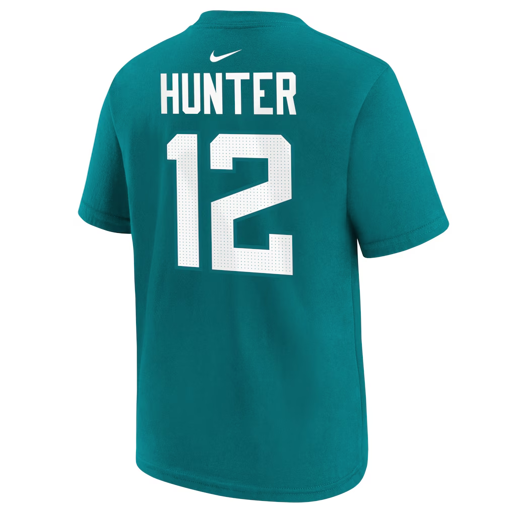 Jacksonville Jaguars Travis Hunter Nike Teal 2025 NFL Draft First Round Pick Name & Number T-Shirt