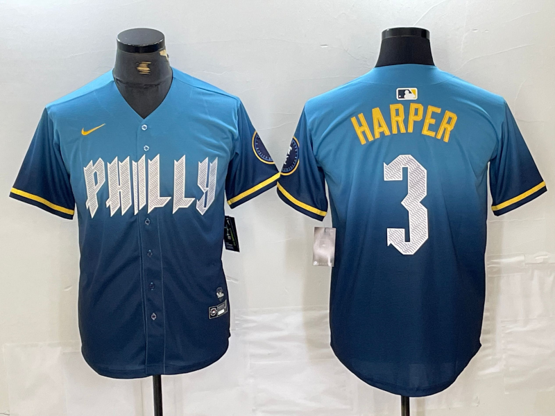 Men's Philadelphia Phillies Bryce Harper #3 Blue 2024 City Connect Player Jersey
