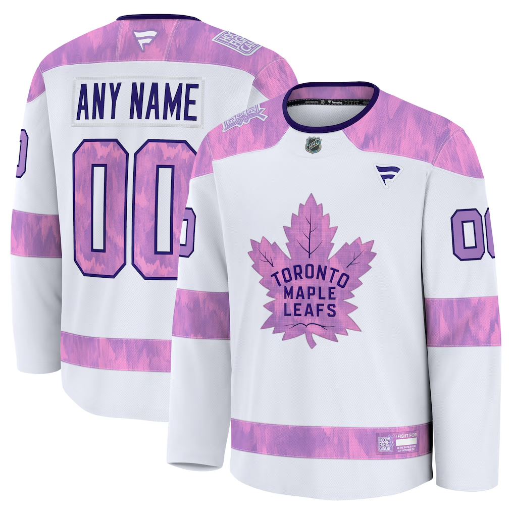 Men's Toronto Maple Leafs White Purple 2024 Hockey Fights Cancer Practice Custom Jersey