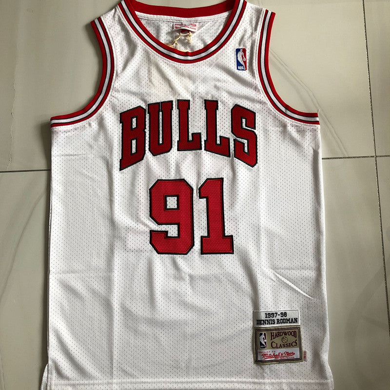 Chicago Bulls Dennis Rodman 91 White Thorwback Jersey