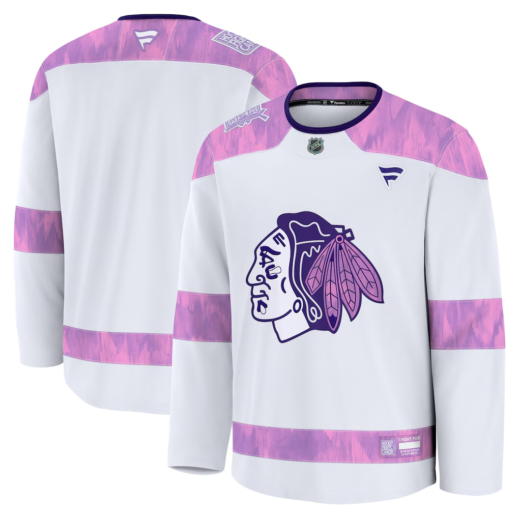 Men's Chicago Blackhawks White Purple 2024 Hockey Fights Cancer Practice Blank Jersey