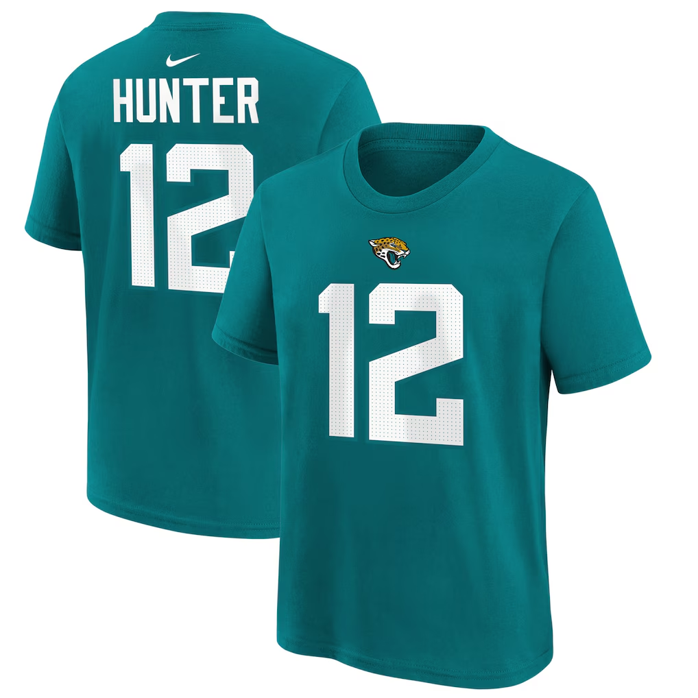 Jacksonville Jaguars Travis Hunter Nike Teal 2025 NFL Draft First Round Pick Name & Number T-Shirt
