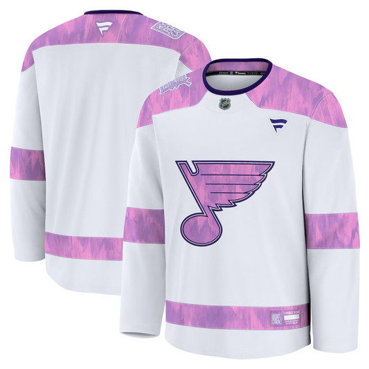 Men's St. Louis Blues White Purple 2024 Hockey Fights Cancer Practice Blank Jersey
