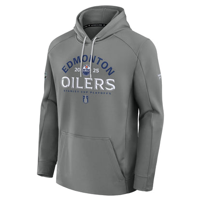 Men's Edmonton Oilers Fanatics Gray 2025 Stanley Cup Playoffs Authentic Pro Rink Fly Fleece Pullover Hoodie