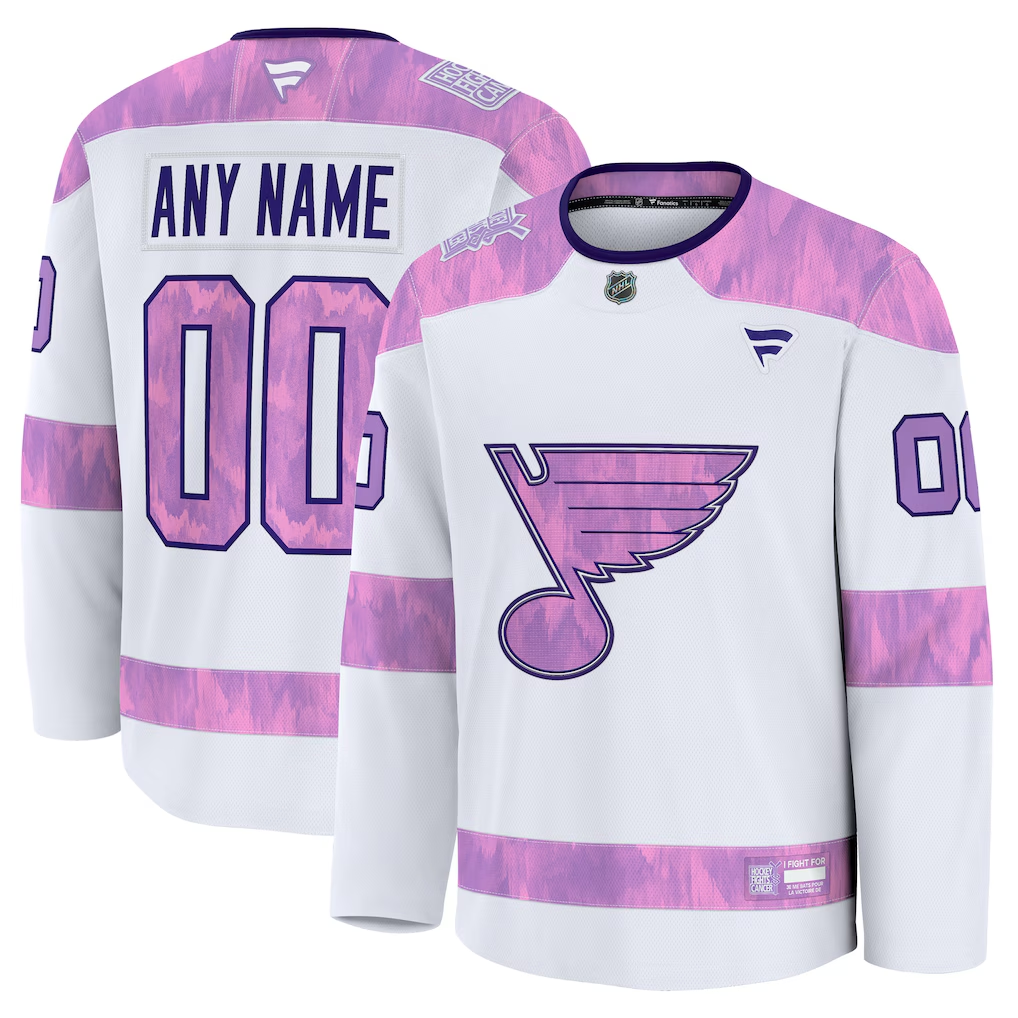 Men's St. Louis Blues White Purple 2024 Hockey Fights Cancer Practice Custom Jersey