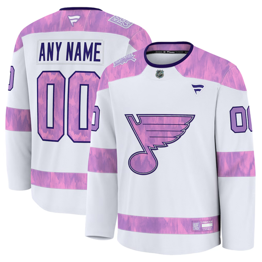 Men's St. Louis Blues White Purple 2024 Hockey Fights Cancer Practice Custom Jersey