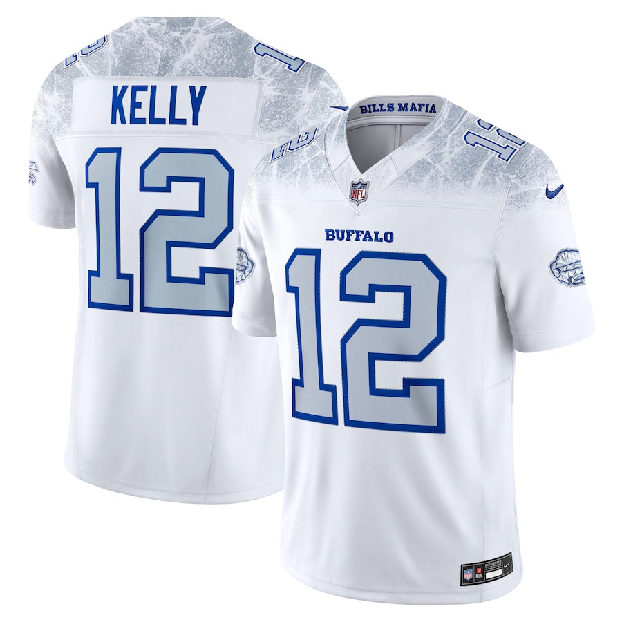 Men's Buffalo Bills Jim Kelly Nike White 2025 Rivalries Collection F.U.S.E. VaporLimited Stitched Jersey