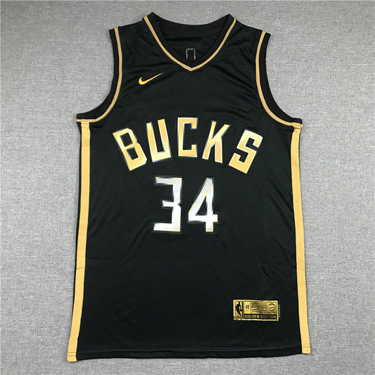 Giannis Antetokounmpo# 34 Milwaukee Bucks Black & Gold City Edition Swingman Embroidered Jersey