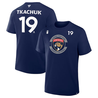 Men's Florida Panthers Matthew Tkachuk Fanatics Navy 2025 Stanley Cup Final Authentic Pro Name & Number T-Shirt
