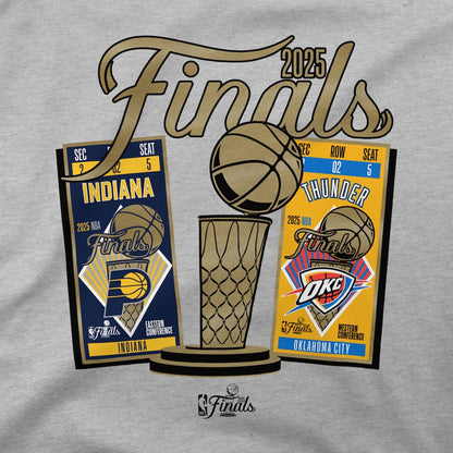 Indiana Pacers vs. Oklahoma City Thunder Stadium Essentials Heather Gray 2025 NBA Finals Ticket Matchup T-Shirt