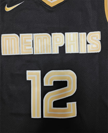 24 Grizzlies #12 Morant black and gold jersey