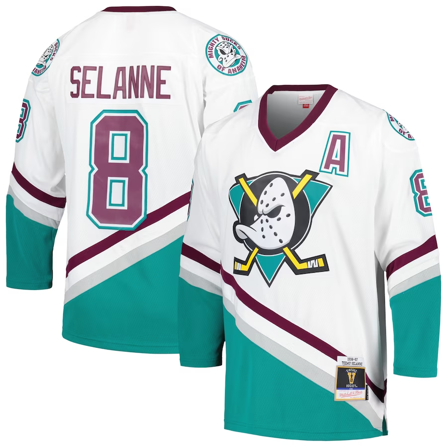 Men's Anaheim Ducks Teemu Selanne#8 White 1996/97 Blue Line Player Jersey
