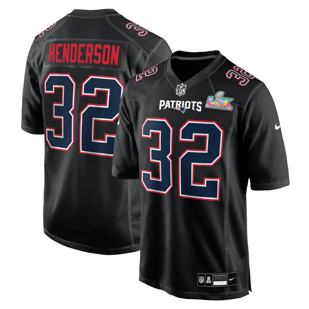 Men's New England Patriots TreVeyon Henderson Nike Black Super Bowl LX Patch Carbon Fashion Game Jersey