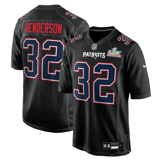 Men's New England Patriots TreVeyon Henderson Nike Black Super Bowl LX Patch Carbon Fashion Game Jersey
