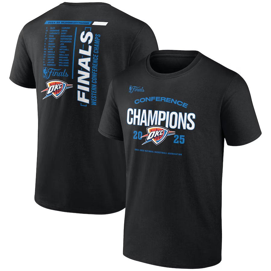Men's Oklahoma City Thunder Fanatics Black 2025 Western Conference Champions Roster Buzzer Beater T-Shirt