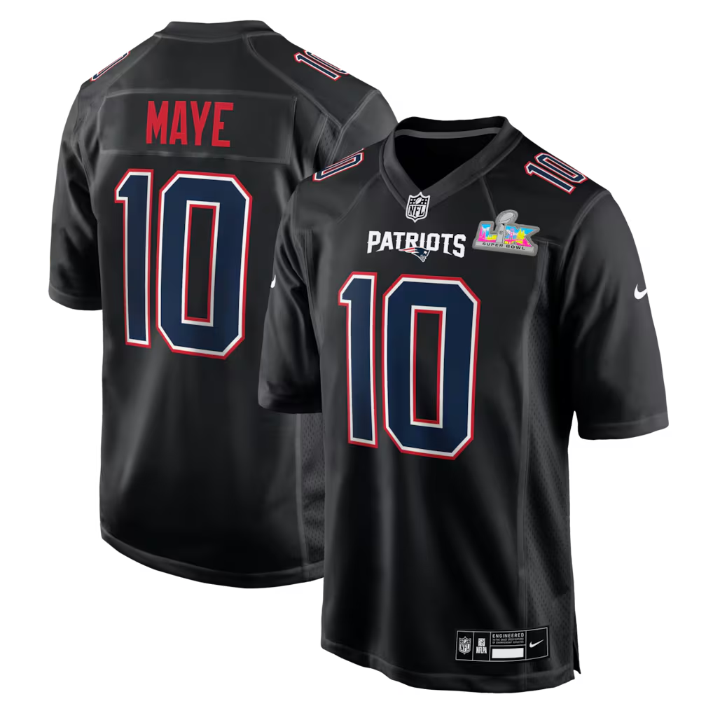 Men's New England Patriots Drake Maye Nike Black Super Bowl LX Patch Carbon Fashion Game Jersey