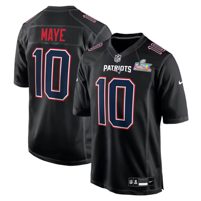 Men's New England Patriots Drake Maye Nike Black Super Bowl LX Patch Carbon Fashion Game Jersey
