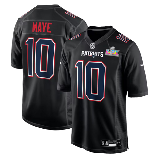 Men's New England Patriots Drake Maye Nike Black Super Bowl LX Patch Carbon Fashion Game Jersey