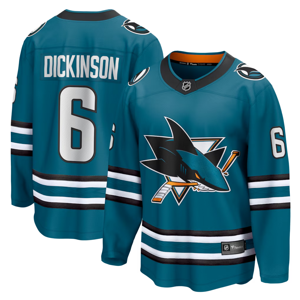 Men's San Jose Sharks Sam Dickinson #6 Teal Home Breakaway Jersey