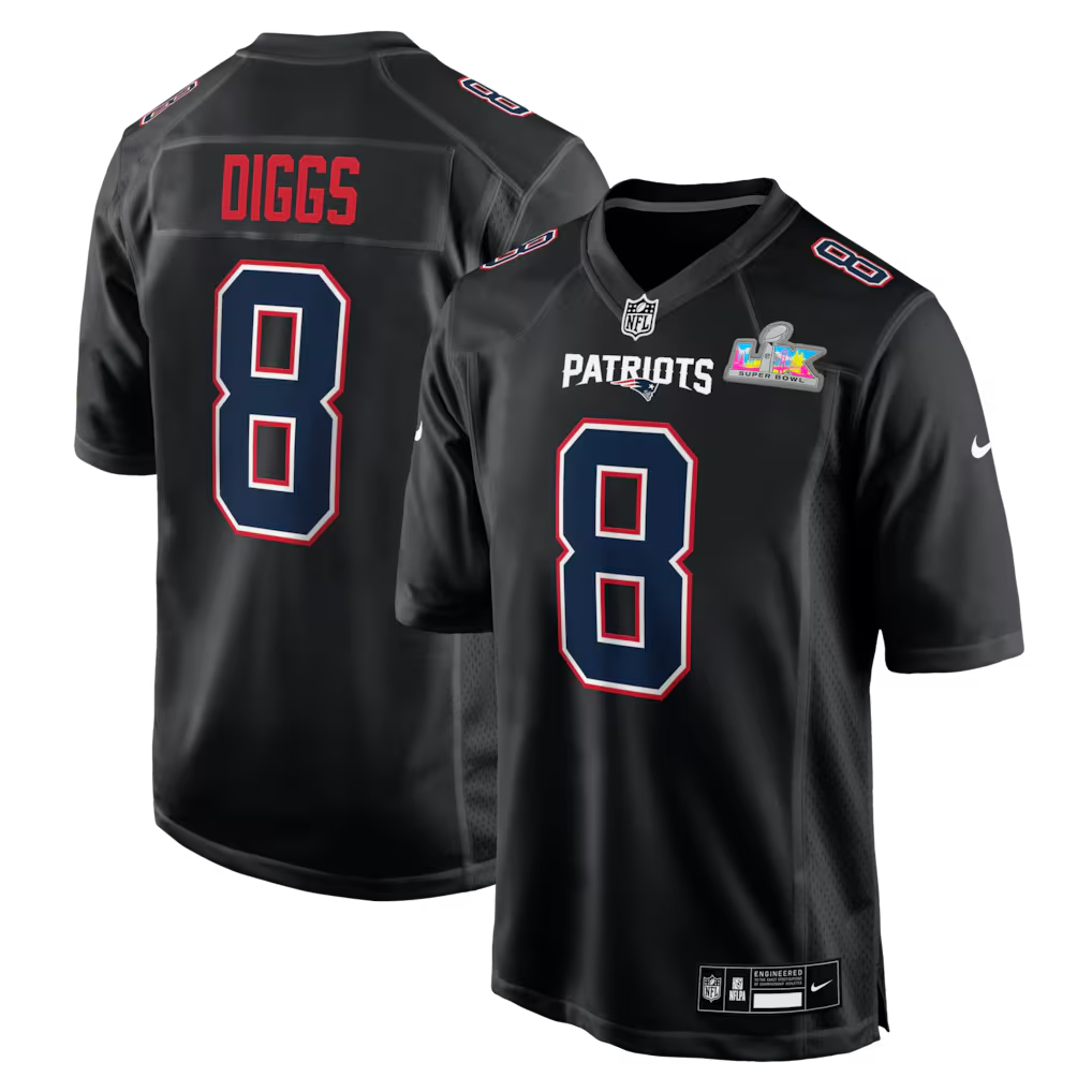 Men's New England Patriots Stefon Diggs Nike Black Super Bowl LX Patch Carbon Fashion Game Jersey