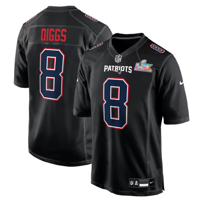 Men's New England Patriots Stefon Diggs Nike Black Super Bowl LX Patch Carbon Fashion Game Jersey
