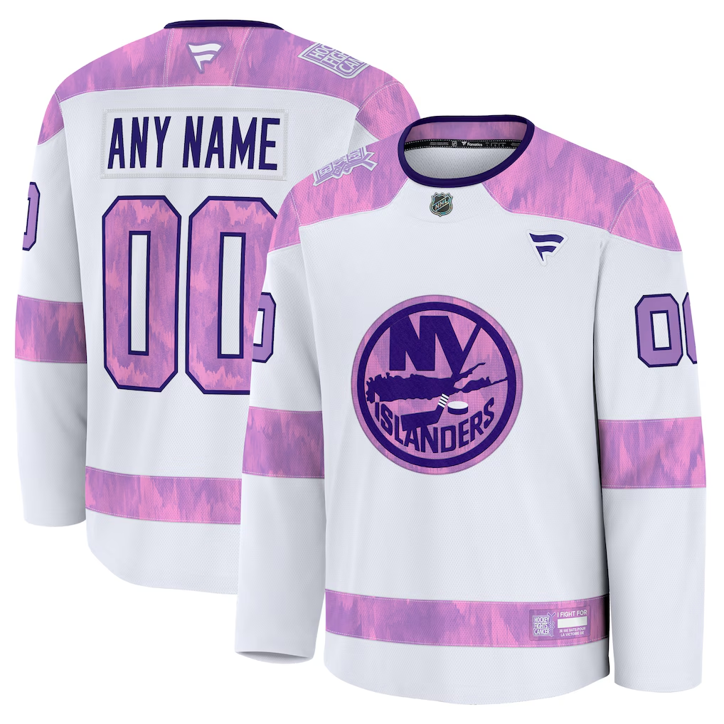 Men's New York Islanders  White Purple 2024 Hockey Fights Cancer Practice Custom Jersey