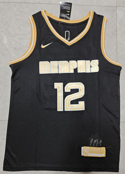 24 Grizzlies #12 Morant black and gold jersey