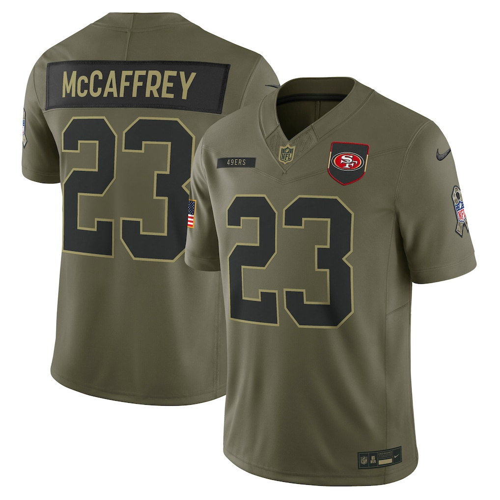 Men's San Francisco 49ers Christian McCaffrey Nike Olive 2025 Salute to Service Limited Jersey