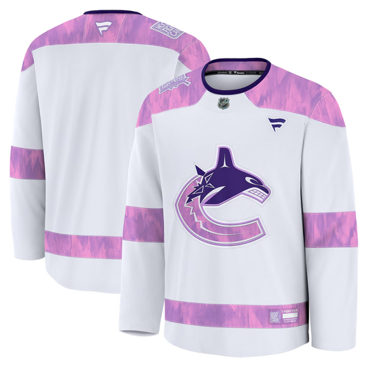 Men's Vancouver Canucks White Purple 2024 Hockey Fights Cancer Practice Blank Jersey