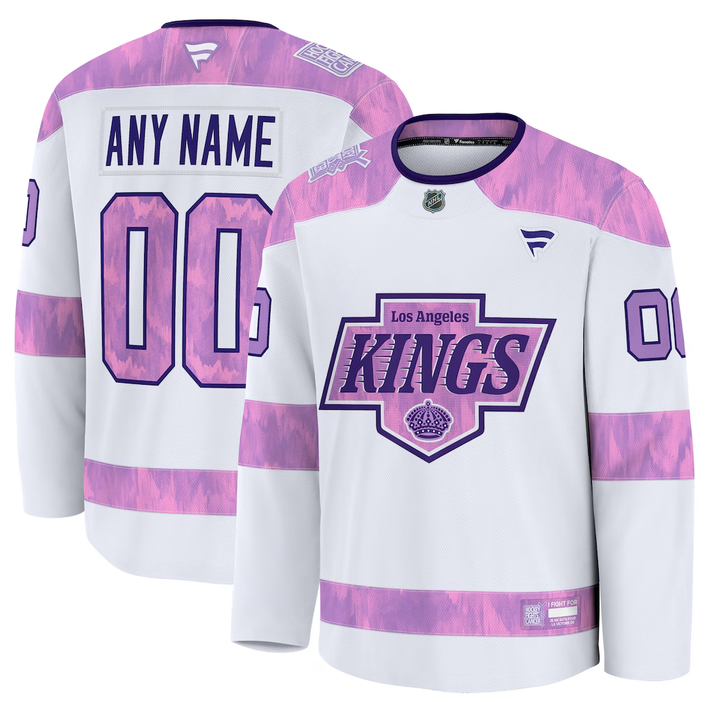 Men's Los Angeles Kings  White Purple 2024 Hockey Fights Cancer Practice Custom Jersey