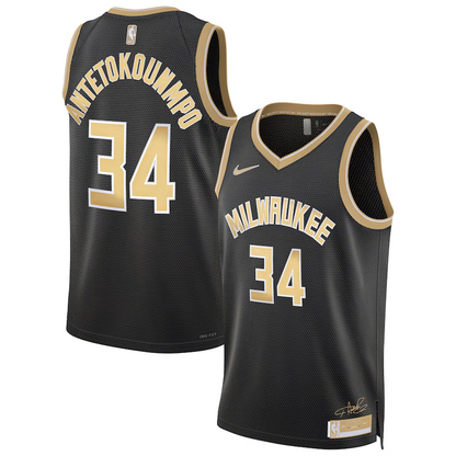 24 Bucks #34 Antetokounmpo Black and Gold Jersey