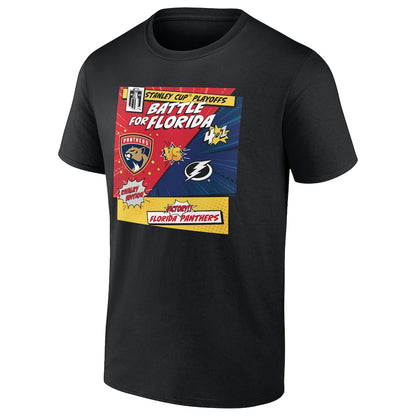 Men's Florida Panthers vs. Tampa Bay Lightning Black 2025 Stanley Cup Playoffs Rivalry Comic Pop T-Shirt
