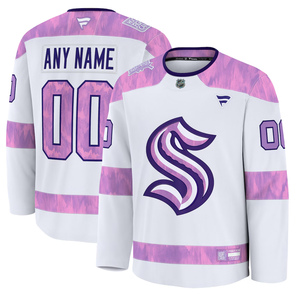 Men's Seattle Kraken White Purple 2024 Hockey Fights Cancer Practice Custom Jersey
