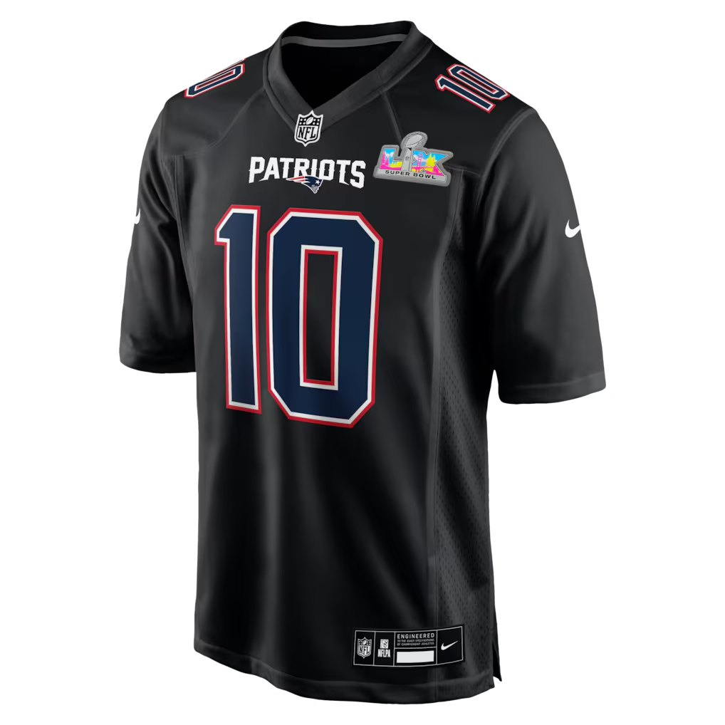 Men's New England Patriots Drake Maye Nike Black Super Bowl LX Patch Carbon Fashion Game Jersey