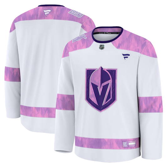 Men's Vegas Golden Knights White Purple 2024 Hockey Fights Cancer Practice Blank Jersey