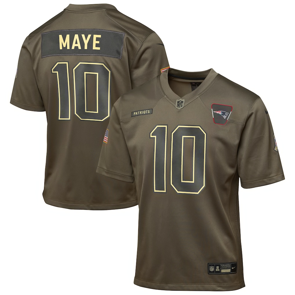 Youth New England Patriots Drake Maye Nike Olive 2025 Salute to Service Game Jersey