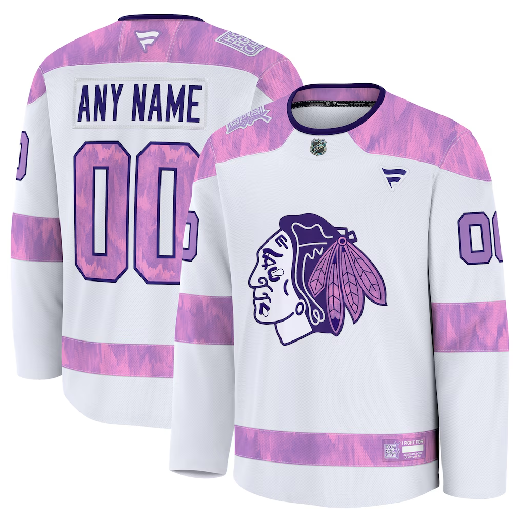 Men's Chicago Blackhawks  White Purple 2024 Hockey Fights Cancer Practice Custom Jersey