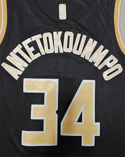 24 Bucks #34 Antetokounmpo Black and Gold Jersey