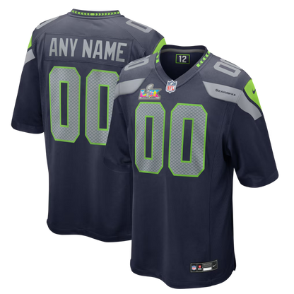 Men's Seattle Seahawks Nike College Navy Super Bowl LX Patch Custom Game Jersey