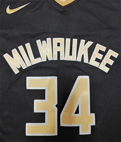 24 Bucks #34 Antetokounmpo Black and Gold Jersey