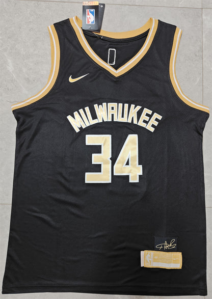 24 Bucks #34 Antetokounmpo Black and Gold Jersey