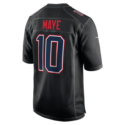 Men's New England Patriots Drake Maye Nike Black Super Bowl LX Patch Carbon Fashion Game Jersey